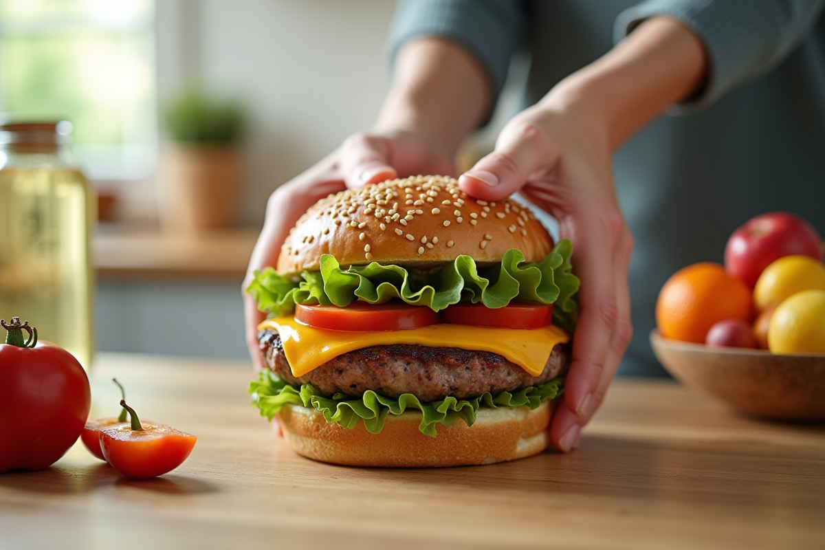 Main remplaçant un burger par un sandwich complet et végétal