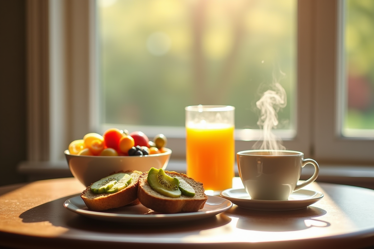 Petit déjeuner avec salade de fruits et jus d'orange