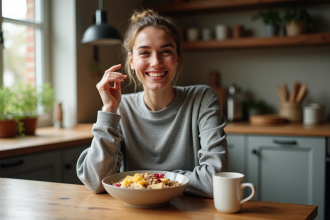 Femme souriante dégustant un bol de porridge au fruit