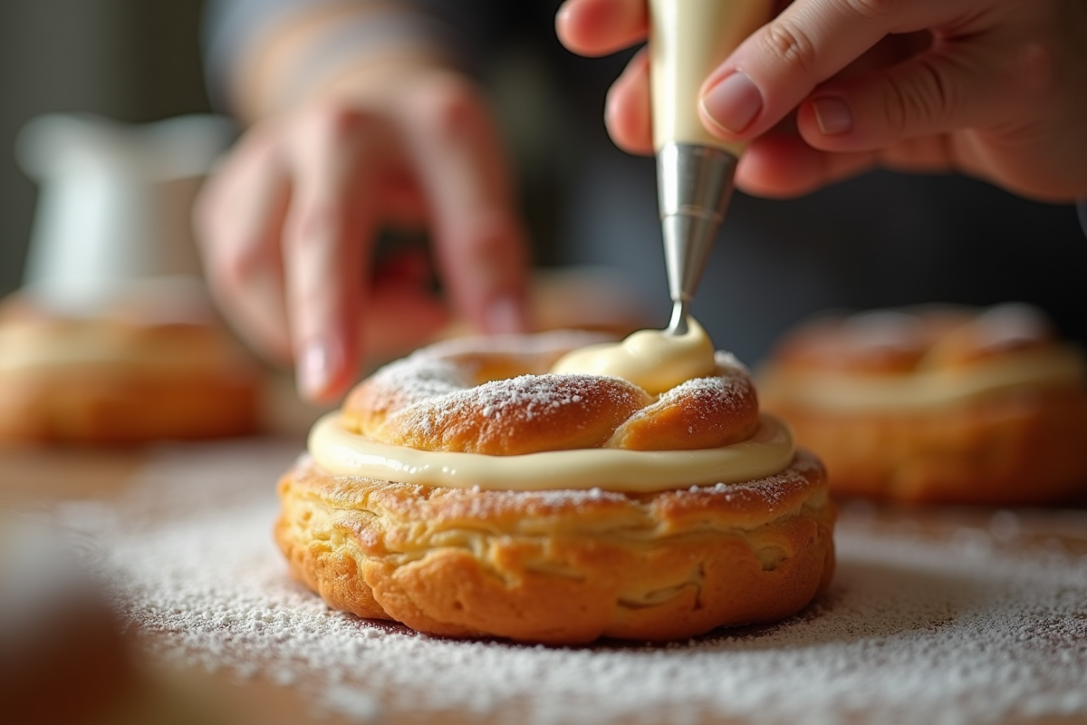 Main pipant la crème praliné dans un ParisBrest en cuisine