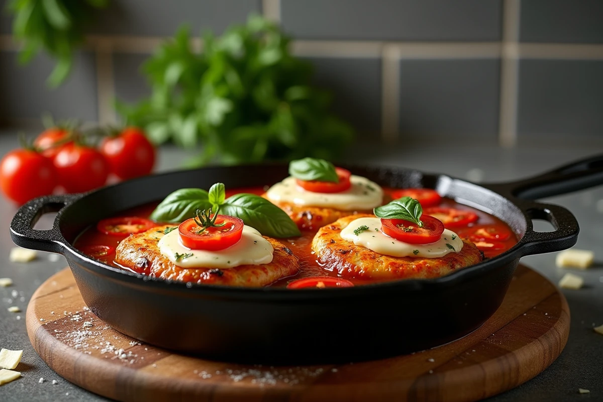 Plat en fonte de poulet au four à l'italienne avec mozzarella gratinée et tomates cerises sortant du four