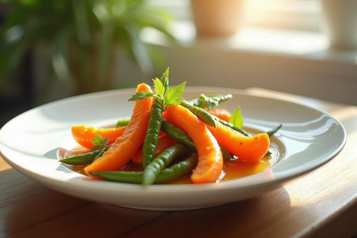 Plat moderne de légumes en L sur assiette blanche en cuisine