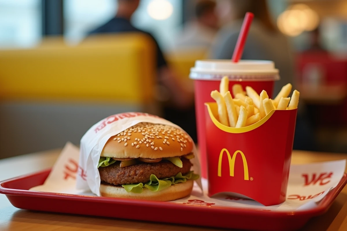 Vue de dessus d'un menu complet McDonald's sur un plateau avec burger, frites et boisson, représentant le budget moyen par personne