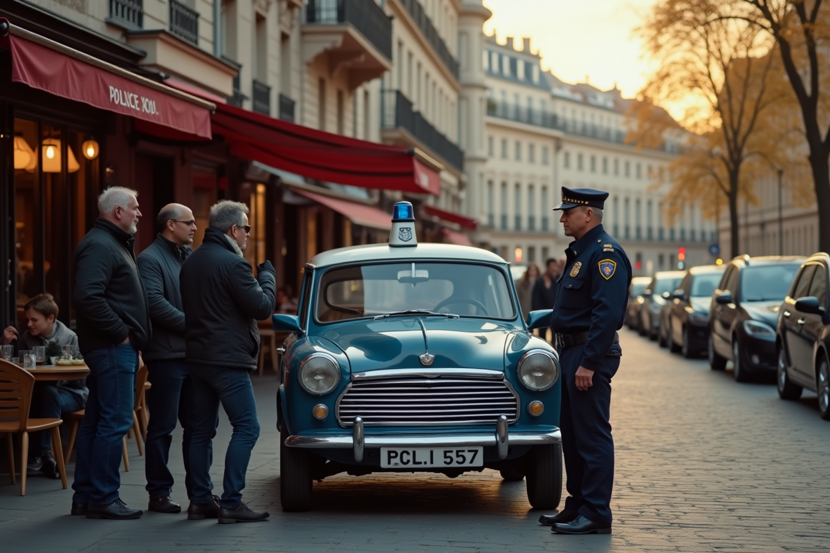 Policier discutant avec des habitants près d un café parisien en journée