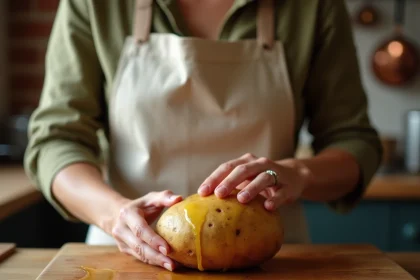 Femme enduisant une pomme de terre au four d'huile d'olive avec les mains sur une planche en bois dans une cuisine rustique