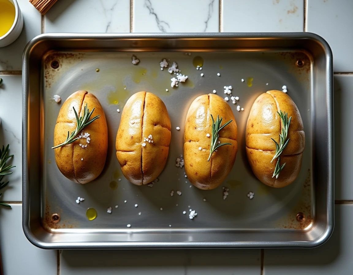Quatre pommes de terre assaisonnées à l'huile d'olive, sel et romarin sur une plaque de cuisson prêtes pour le four