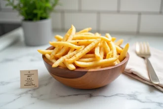 Portion de frites maison dans un bol en bois sur un comptoir de cuisine moderne pour un régime équilibré
