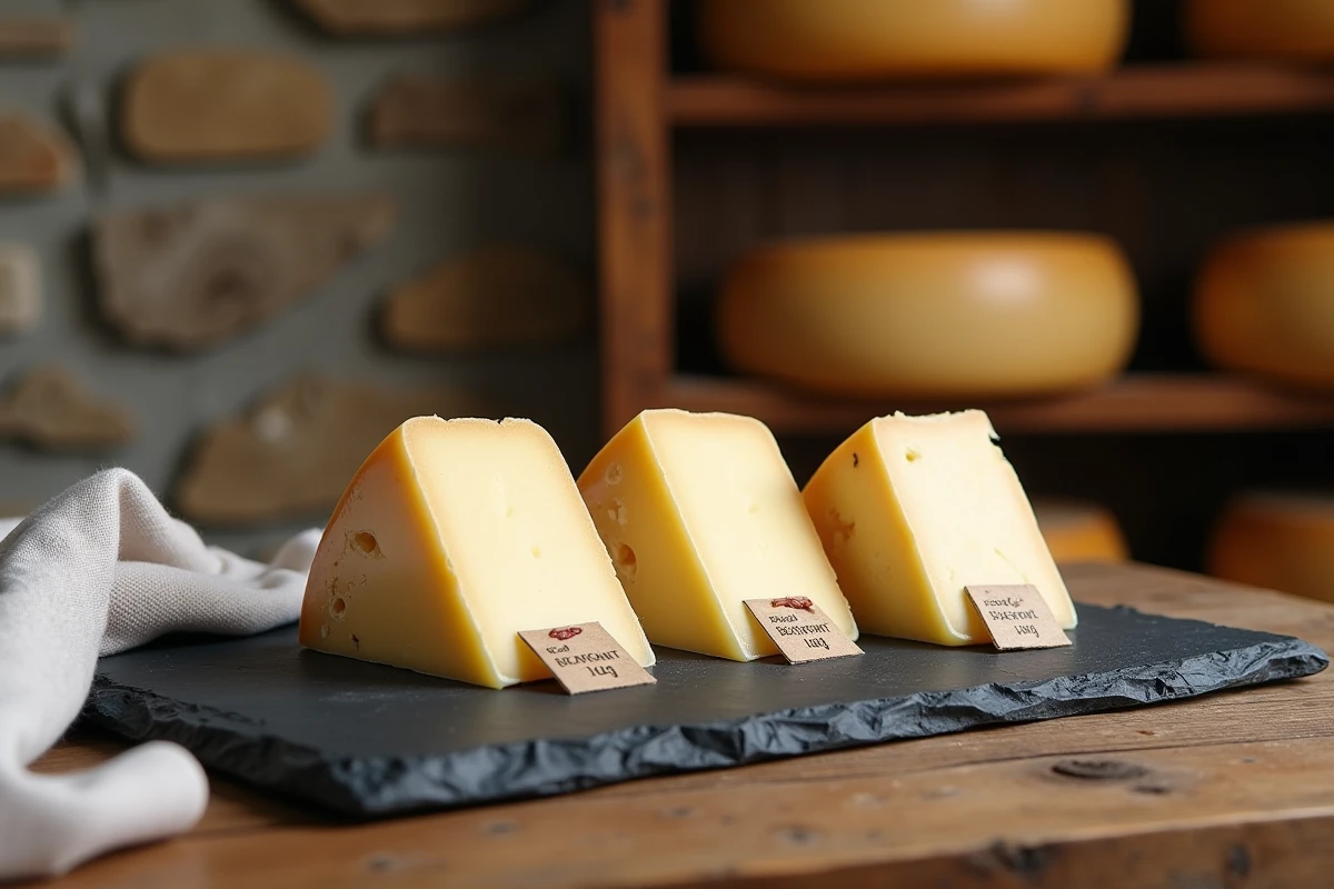 Trois portions de Beaufort avec des étiquettes de prix différents au kilo sur une ardoise dans une fromagerie alpine