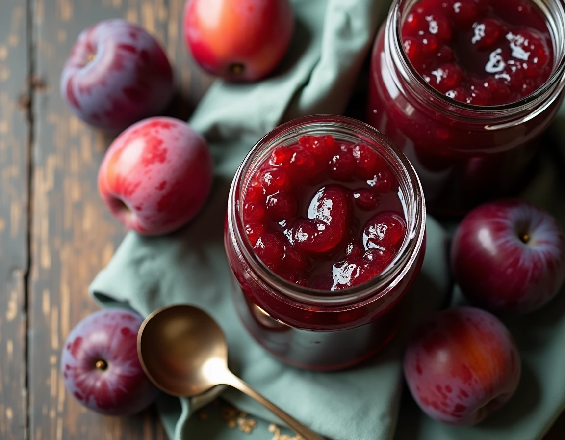 Vue de dessus de pots de confiture de prunes maison avec fruits frais et étiquette artisanale