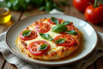 Escalope de poulet au four à l'italienne avec mozzarella fondue, tomates et basilic frais sur assiette rustique