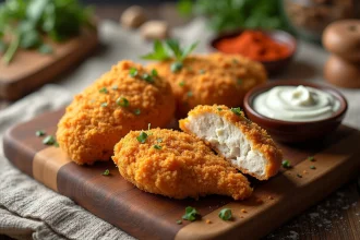 Morceaux de poulet pané au yaourt dorés et croustillants posés sur une planche en bois avec des épices et herbes fraîches