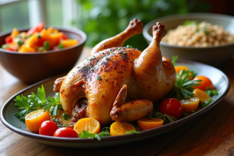 Poulet rôti sur table en bois avec légumes colorés