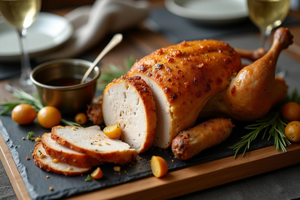 Poulet rôti découpé sur une planche en bois avec chair juteuse apparente, peau dorée croustillante, légumes rôtis et jus de cuisson, servi sur une table à manger élégante
