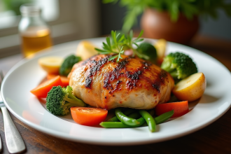 Poulet rôti avec légumes frais sur assiette blanche