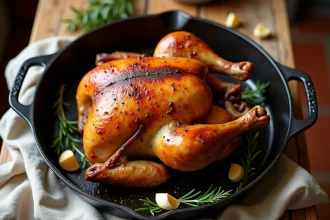 Poulet rôti entier de 1,5 kg à la peau croustillante dorée dans une cocotte en fonte, garni de thym frais et d'ail, posé sur une table en bois rustique
