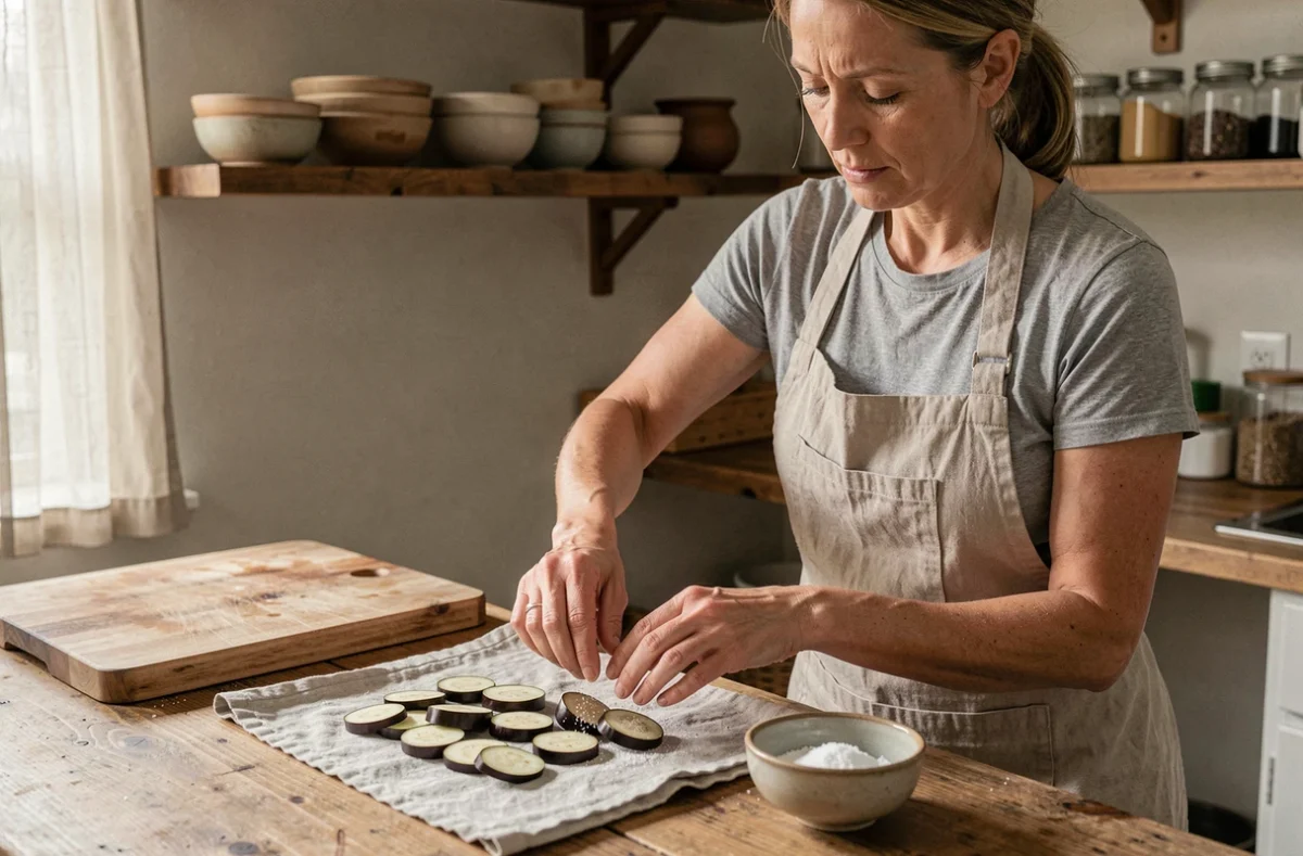 Femme préparant des tranches d'aubergine en les salant avant cuisson pour éviter qu'elles ne détrempent