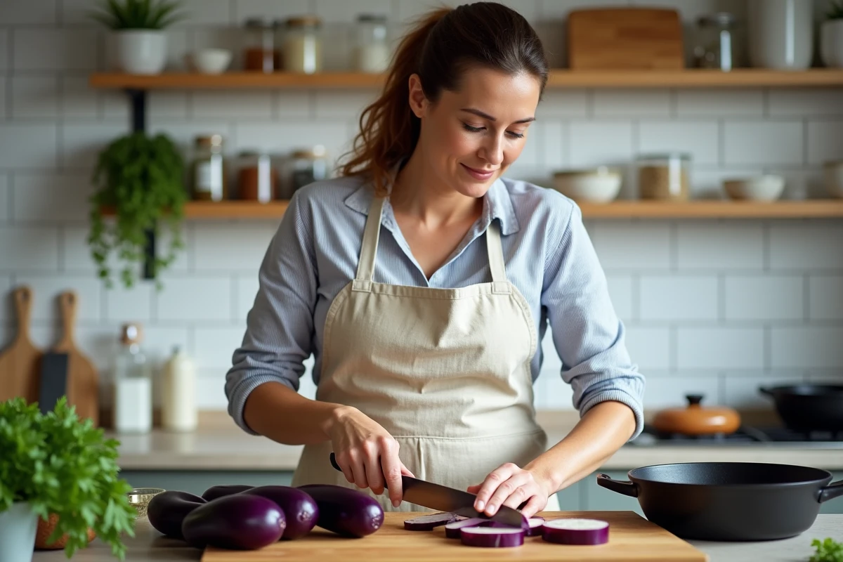 Femme préparant des aubergines fraîches sur une planche à découper en bois dans une cuisine familiale lumineuse
