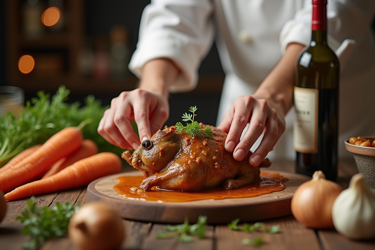 Chef préparant du lapin en sauce avec ingrédients frais