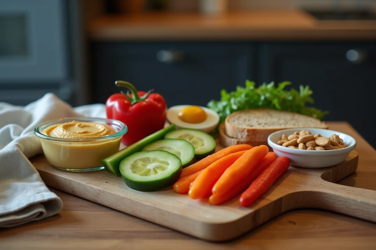 Préparation de collation équilibrée anti-grignotage pour le soir avec légumes, houmous et noix sur un plan de travail