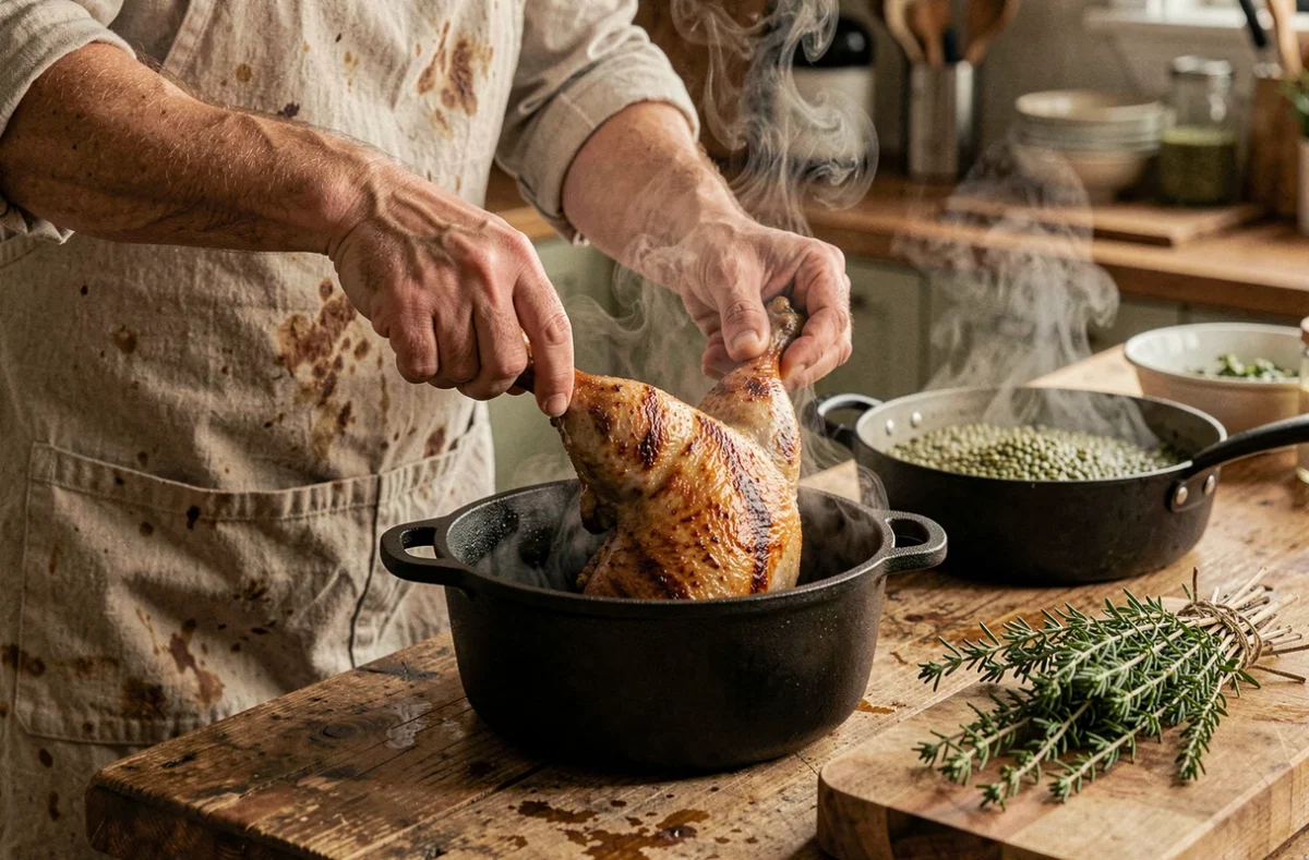 Cuisinier préparant un confit de canard maison dans une cocotte en fonte avec accompagnements