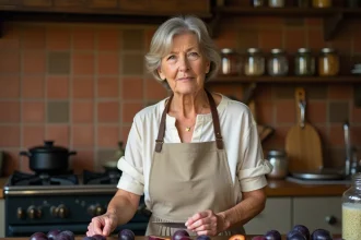 Femme préparant des prunes fraîches pour une confiture maison dans une cuisine rustique