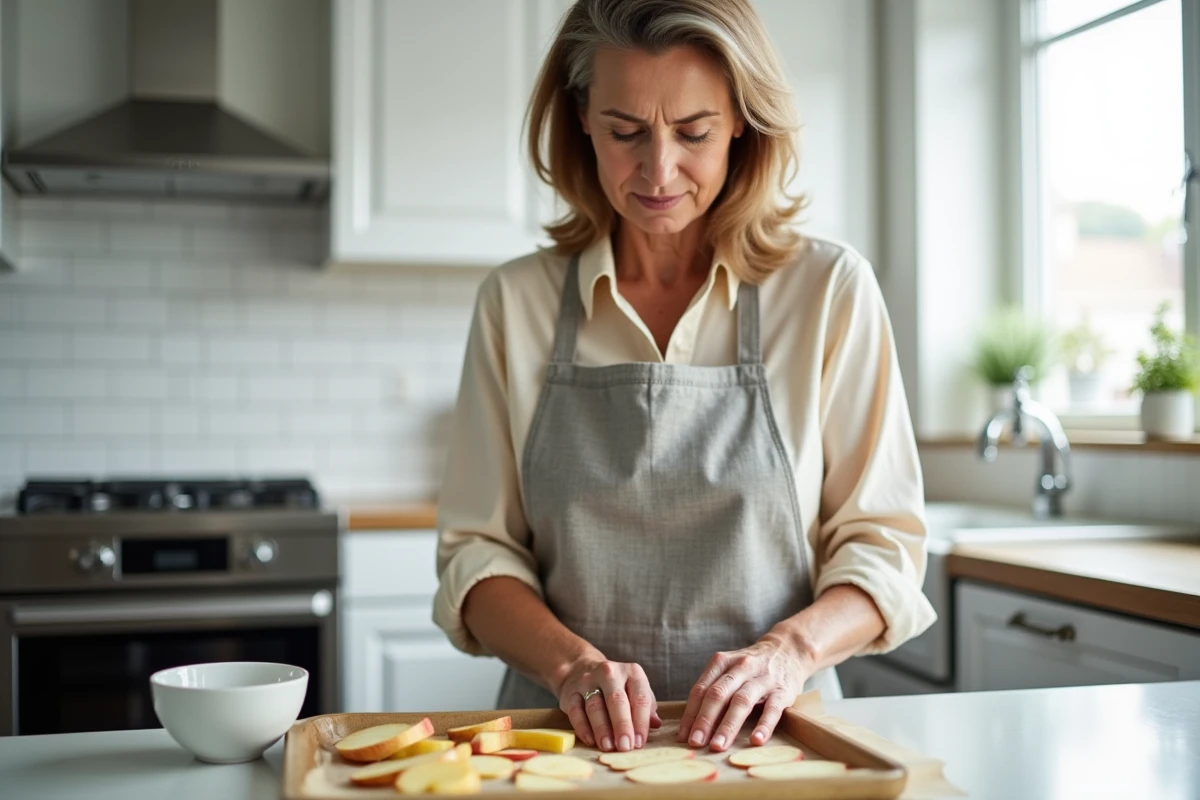 Femme préparant des tranches de pommes pour un dessert sain et léger adapté aux personnes diabétiques