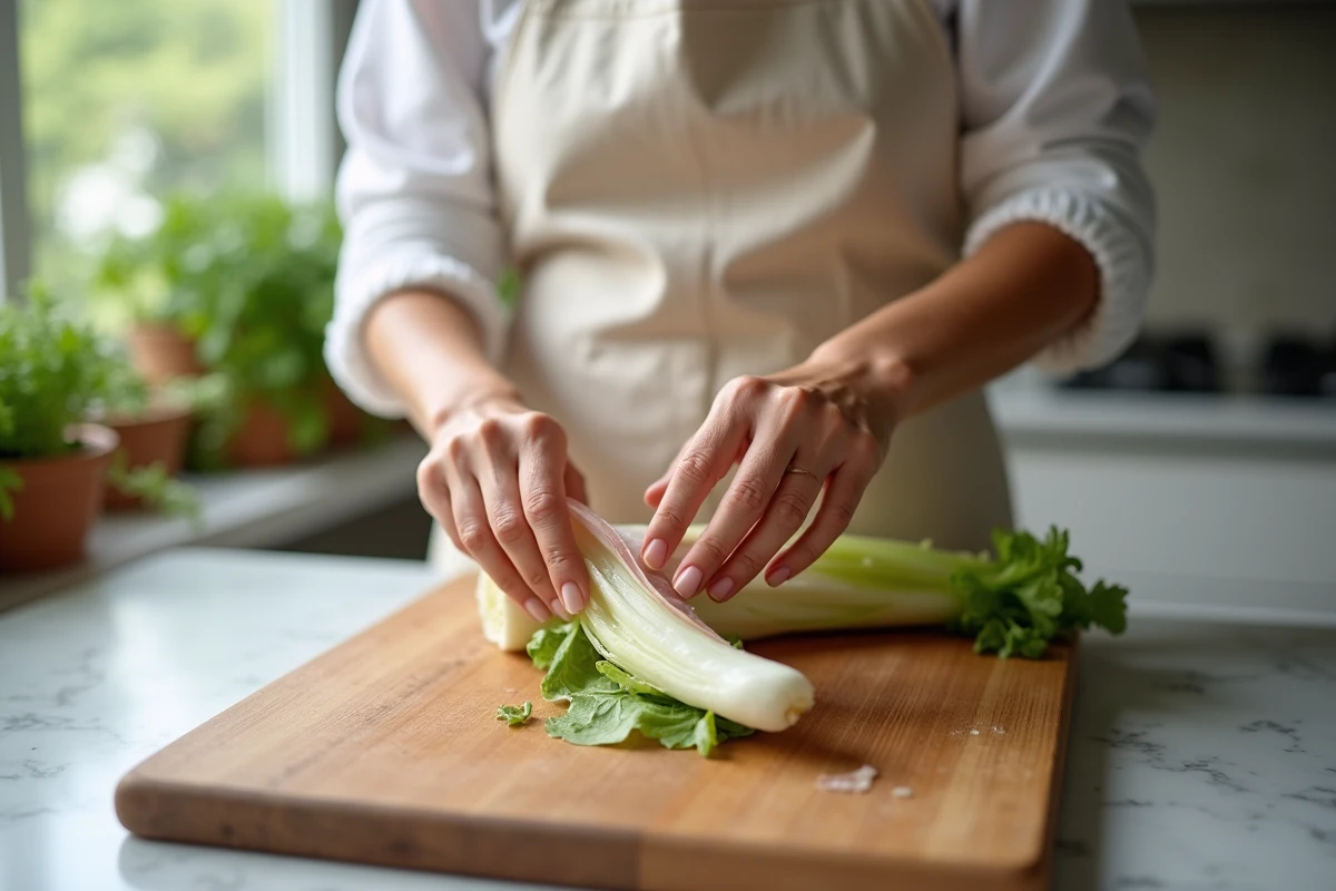 Femme enveloppant une endive cuite à la vapeur dans du jambon blanc pour préparer un gratin maison