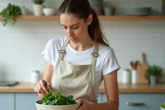 Femme préparant des épinards frais dans un bol en céramique sur un plan de travail de cuisine moderne et saine