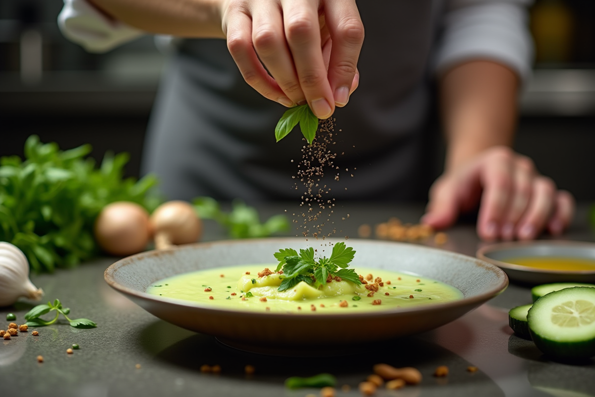 Chef saupoudrant basilic sur un gazpacho de zucchini