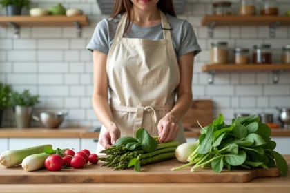 Femme préparant des légumes de saison d'avril sur une planche à découper en bois pour le batch cooking