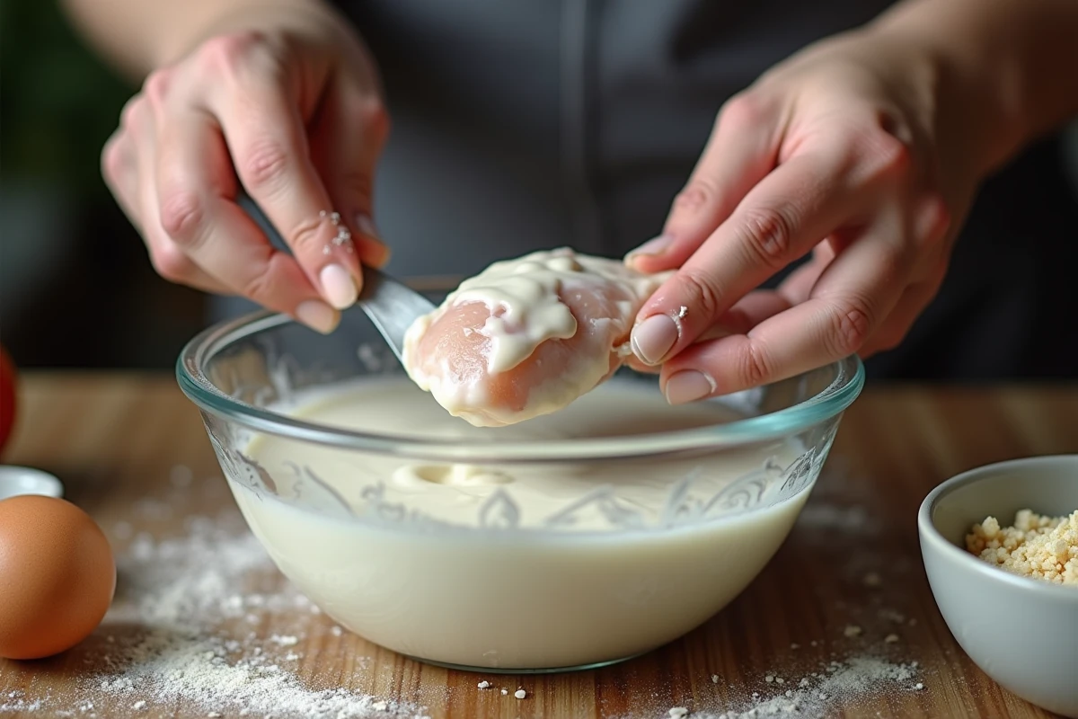 Mains trempant un blanc de poulet cru dans une marinade au yaourt lors de la préparation de la recette de panure
