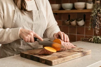Femme en tablier de lin coupant une patate douce en deux sur une planche en bois dans une cuisine chaleureuse