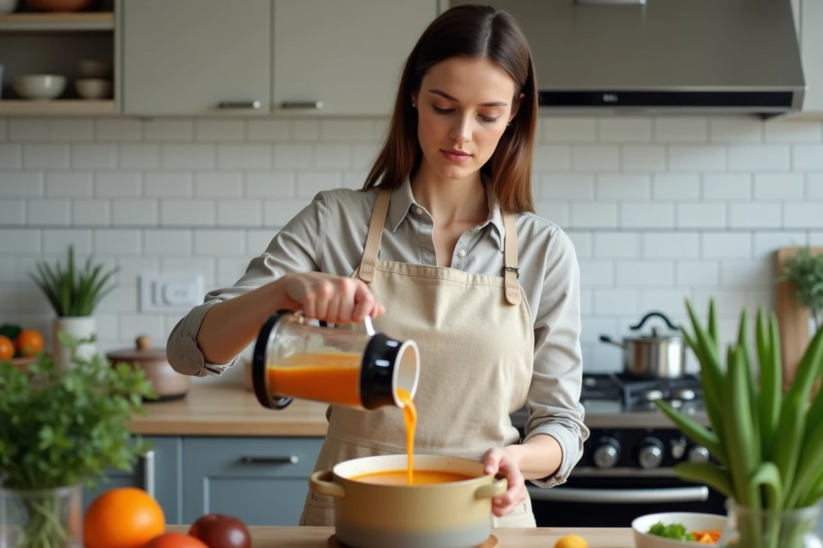 Femme versant la soupe poireau potimarron mixée depuis un robot cuiseur dans une casserole en céramique