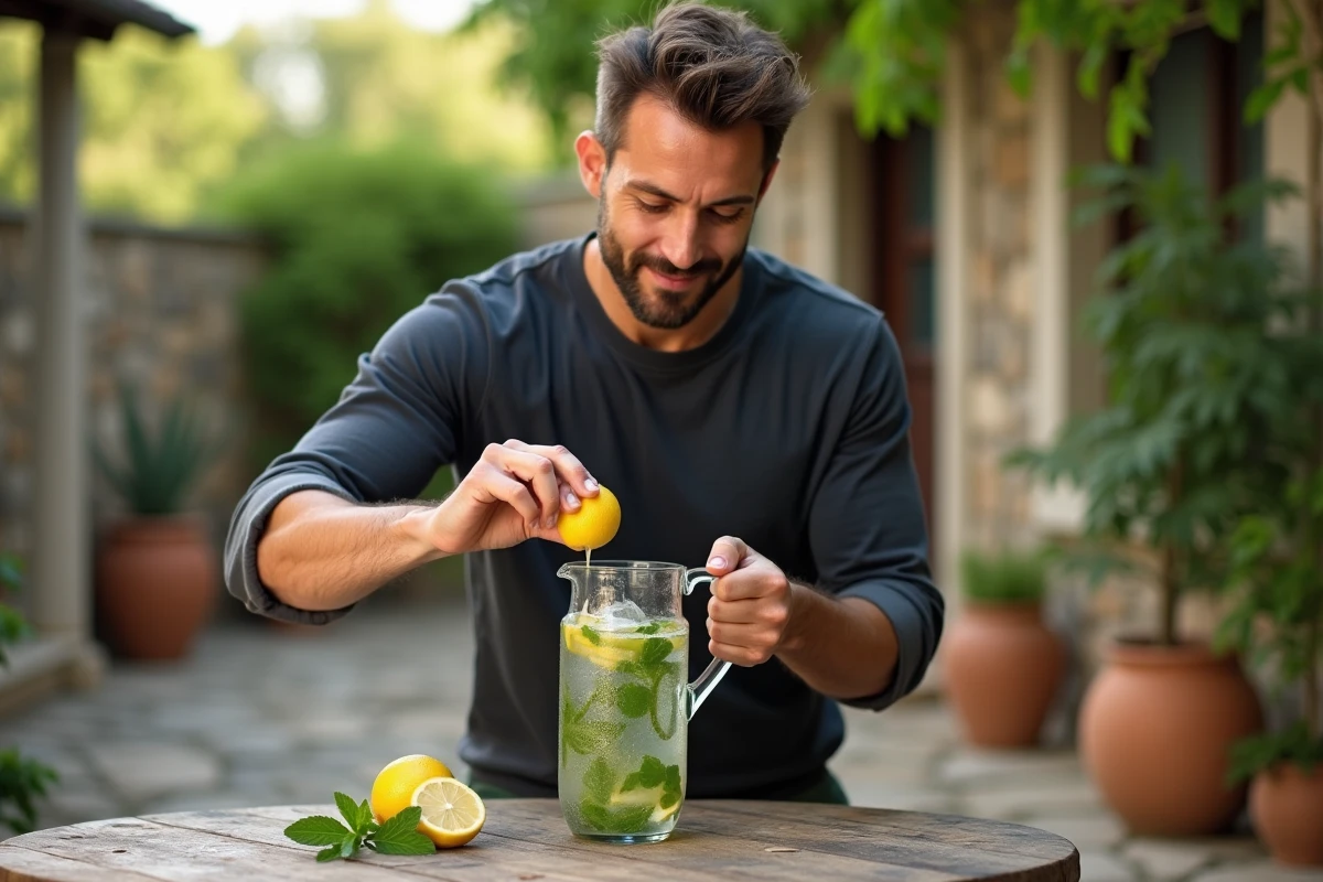 Homme pressant un citron dans une carafe d'eau fraîche sur une terrasse extérieure, valoriser le jus de citron anti-gaspillage