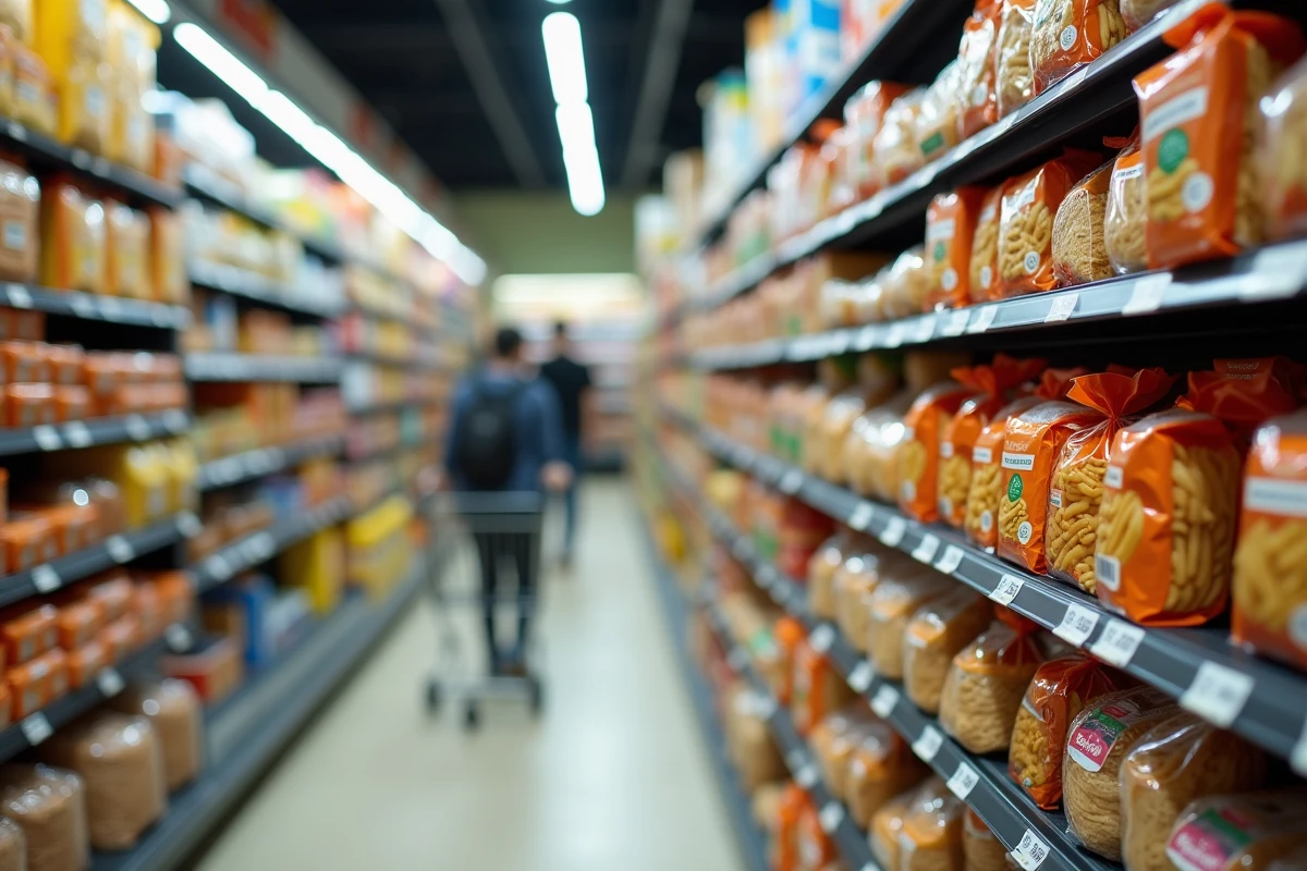 Rayon de supermarché avec des paquets de pâtes et biscuits contenant des protéines d'insectes en étiquetage visible