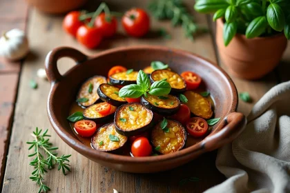 Bol en céramique rustique avec des aubergines rôties aux herbes fraîches et tomates cerises sur une table en bois méditerranéenne