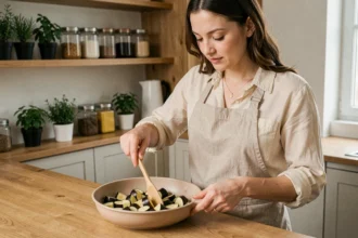 Femme préparant des aubergines fondantes dans une poêle en céramique dans une cuisine familiale chaleureuse