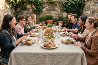 Grande tablée conviviale en plein air pour 10 personnes avec repas fait maison et déco rustique à petit budget