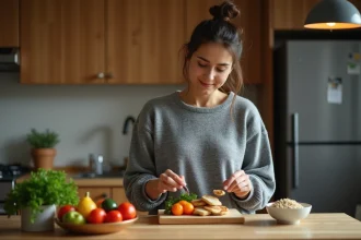 Femme préparant un repas équilibré le soir dans une cuisine moderne après une longue journée de travail