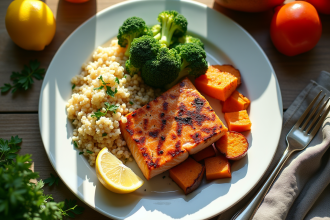 Vue de dessus d'un repas sain avec saumon grillé et légumes