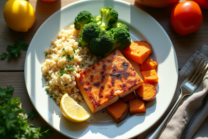 Vue de dessus d'un repas sain avec saumon grillé et légumes