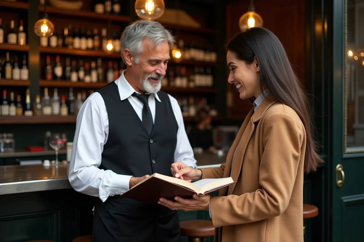 Maître d'hôtel d'un bistrot parisien prenant une réservation pour la Saint-Valentin avec une cliente à l'entrée du restaurant