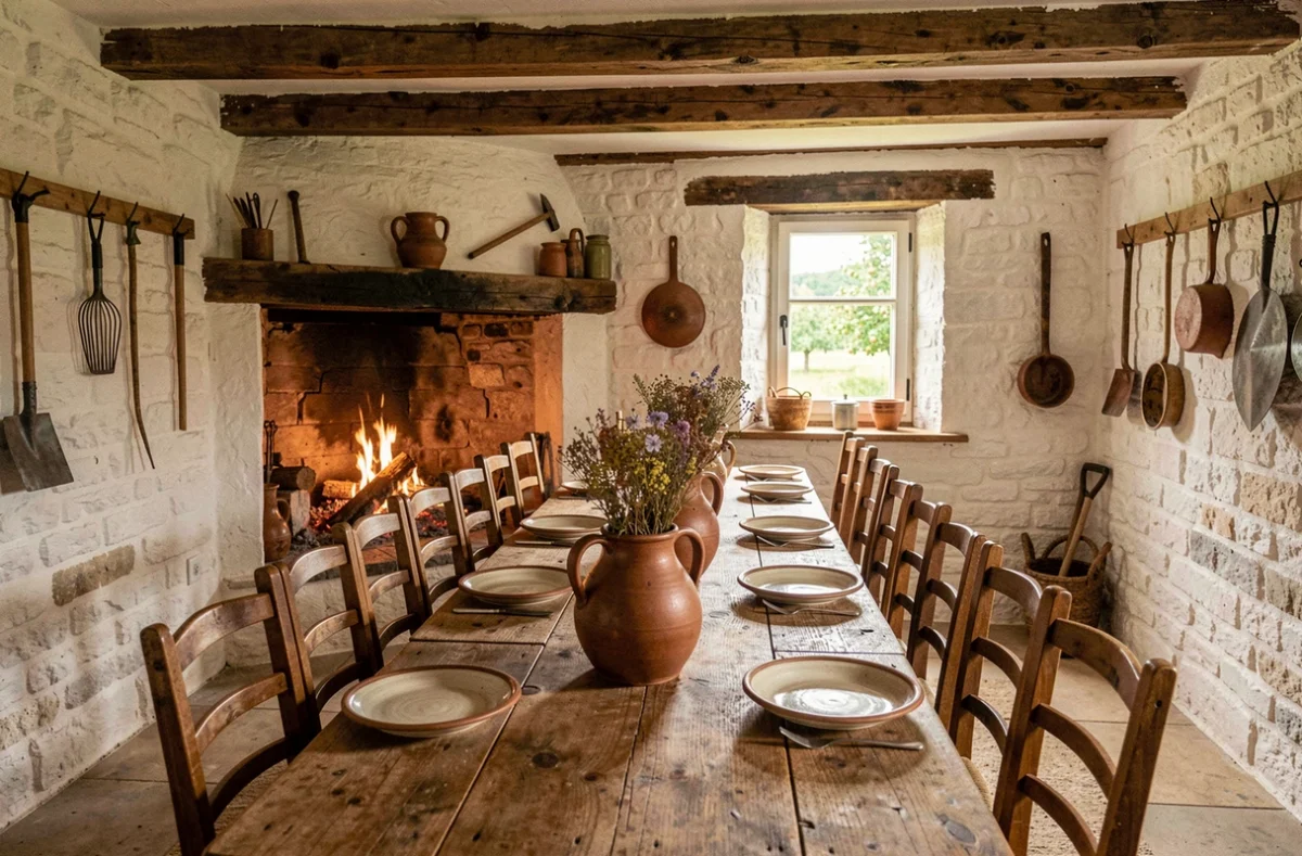Salle rustique de l'Auberge du Val au Cesne à Val-de-Saâne avec table en réfectoire et cheminée normande en pierre