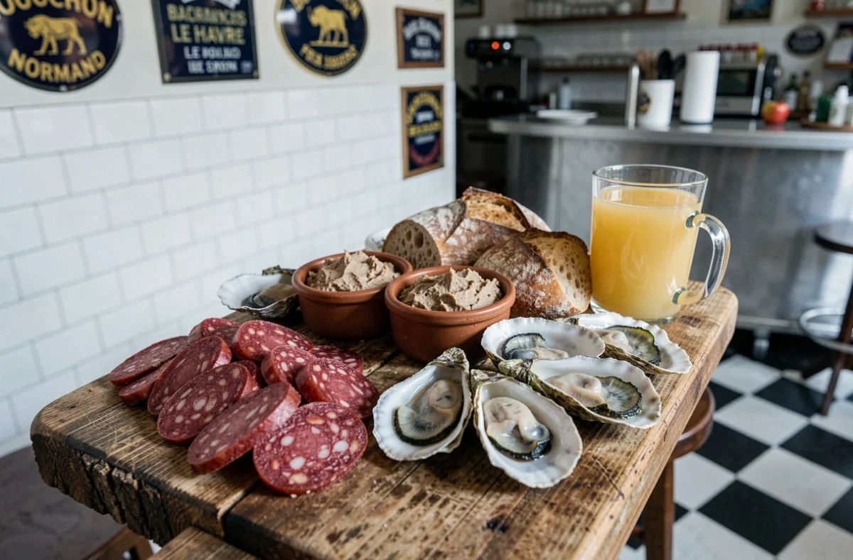 Planche de charcuterie normande et huîtres fraîches au Bouchon Normand au Havre sur fond de bistrot zinc