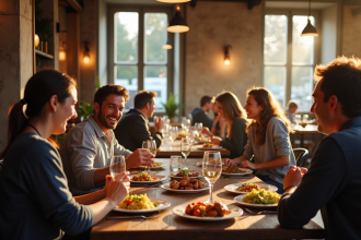Intérieur animé d'un restaurant à Rennes avec amis riant