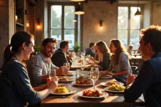 Intérieur animé d'un restaurant à Rennes avec amis riant