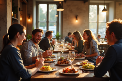 Intérieur animé d'un restaurant à Rennes avec amis riant