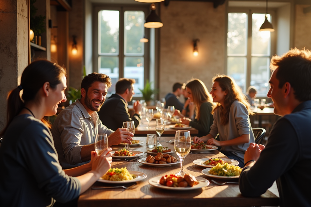 Intérieur animé d'un restaurant à Rennes avec amis riant