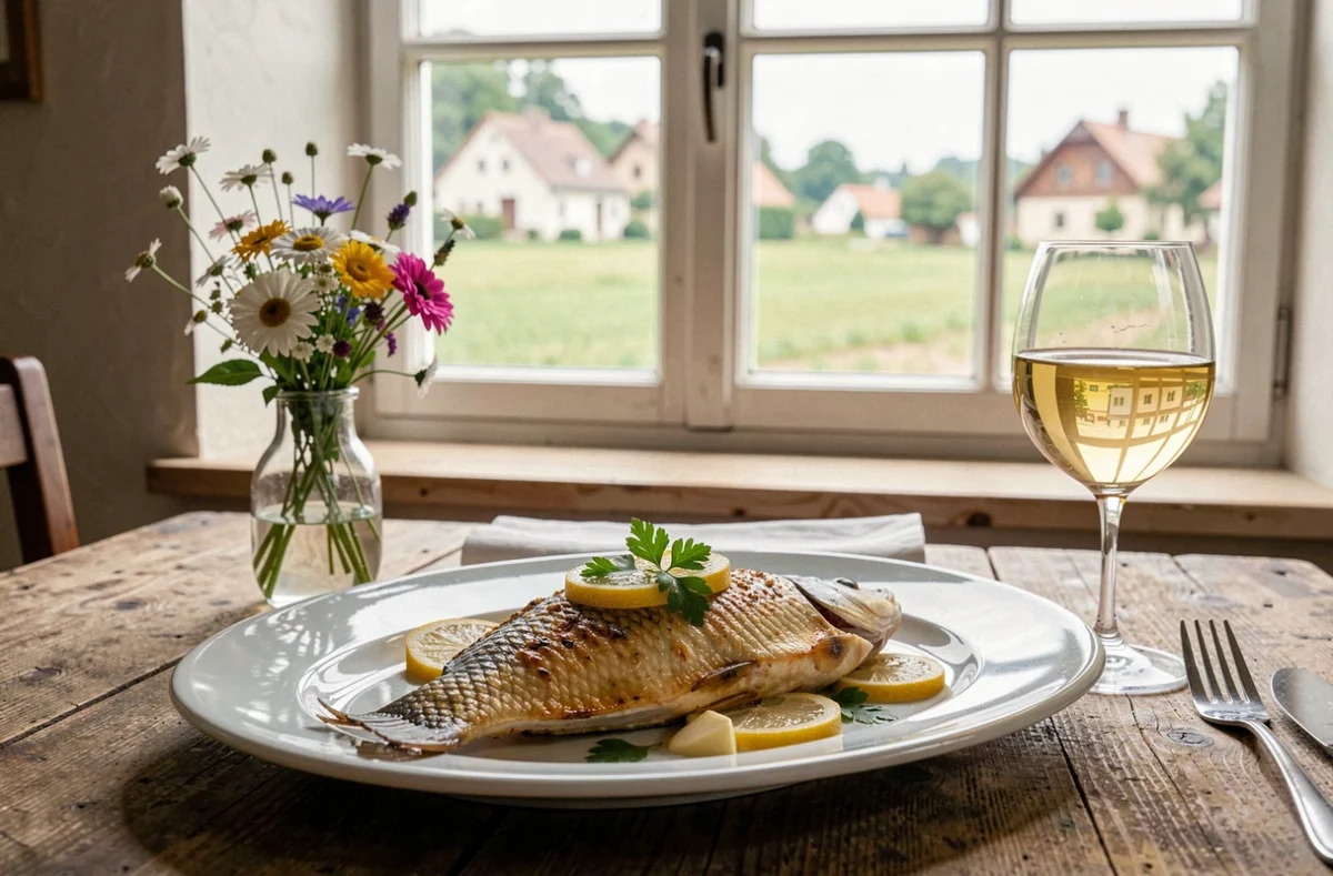 Filet de carpe dorée à la poêle avec sauce au beurre, citron et persil sur table d'auberge alsacienne au restaurant de la Carpe à Friesen, vue sur le village en arrière-plan