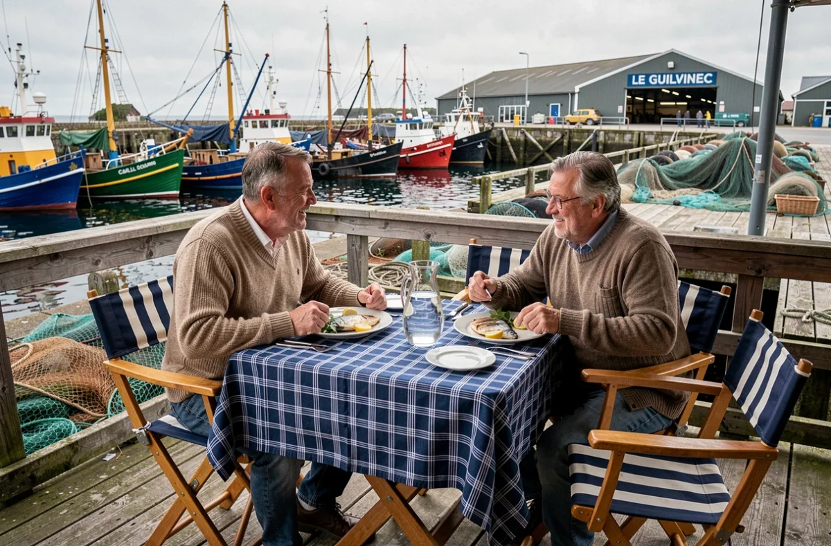 Terrasse du restaurant Entre Nous au Guilvinec, deux hommes dégustant du poisson grillé face au port de pêche avec chalutiers colorés à quai